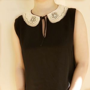 Topshop Black Top With Pearl & Stone Collar Sz 8US